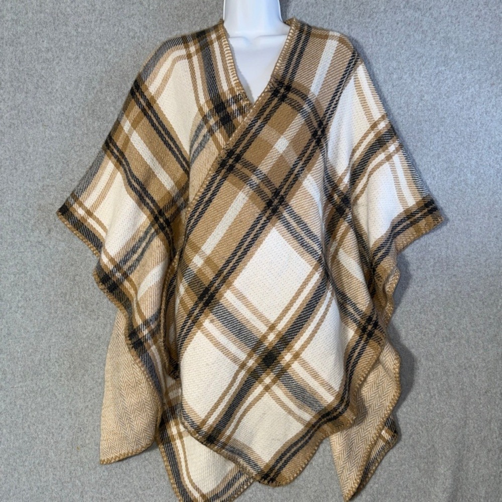 Woolrich Reversible Plaid & Herringbone Poncho Cape OS Forestcore Cabin Wrap